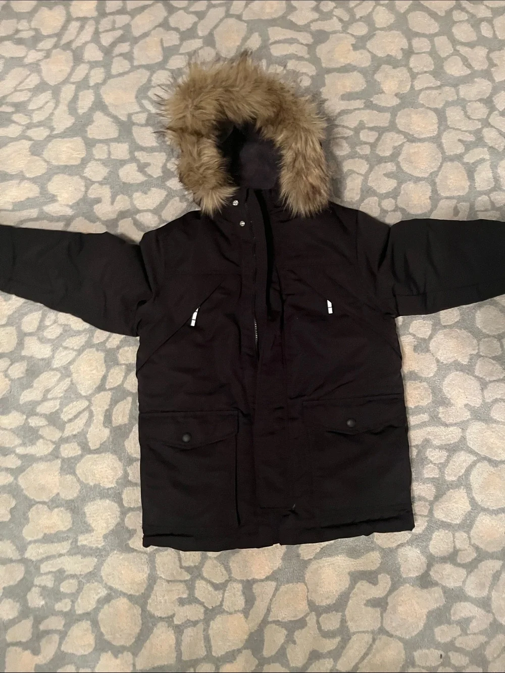 GAP Black Puffer Coat with Faux Fur Hood.